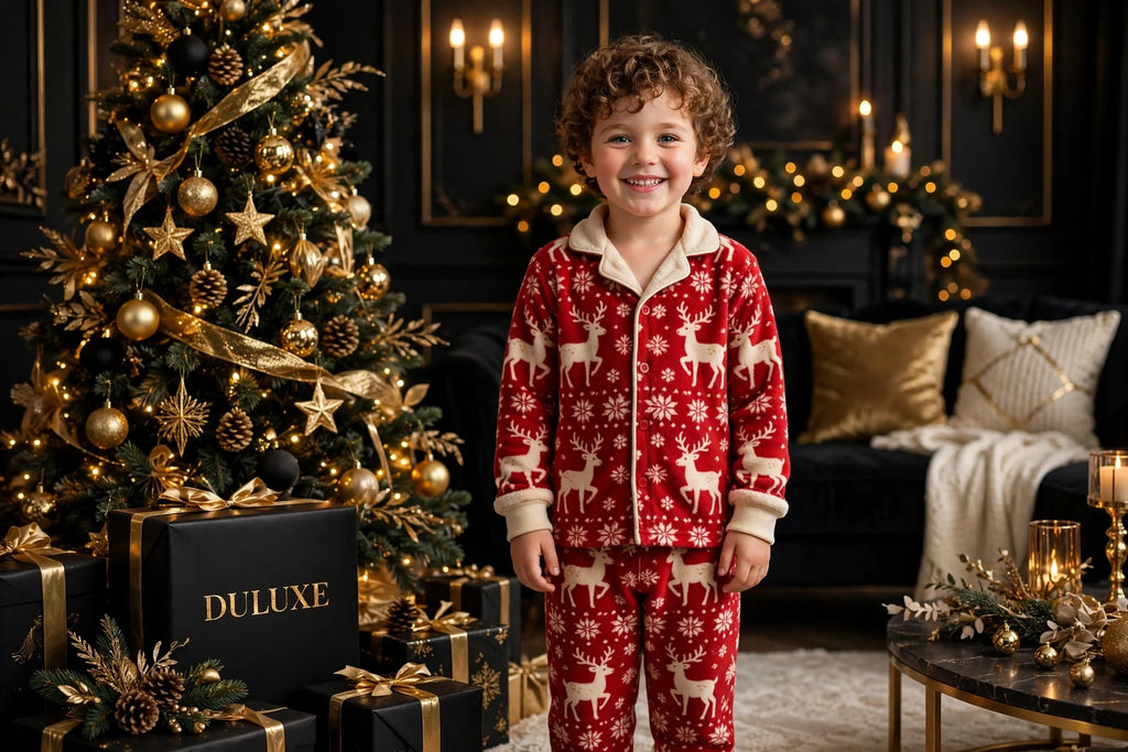 Pyjama polaire de Noël pour enfant porté près du sapin décoré, motifs rennes et flocons, ambiance des Fêtes chaleureuse DULUXE noir et doré
