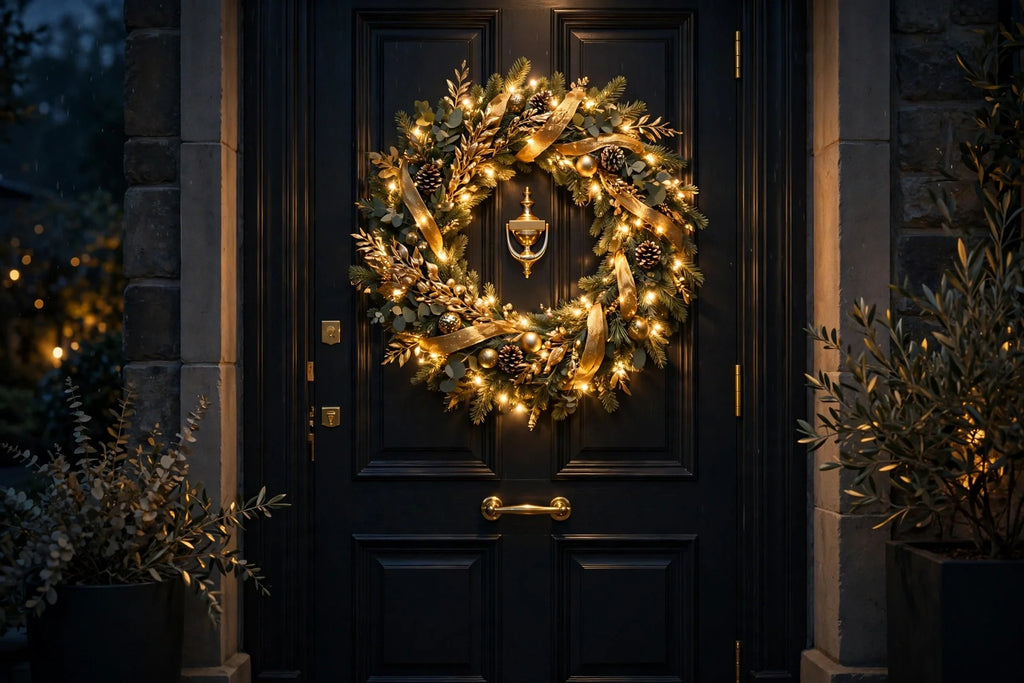 Couronne de Noël lumineuse dorée accrochée à une porte d'entrée le soir, lumières chaudes des Fêtes