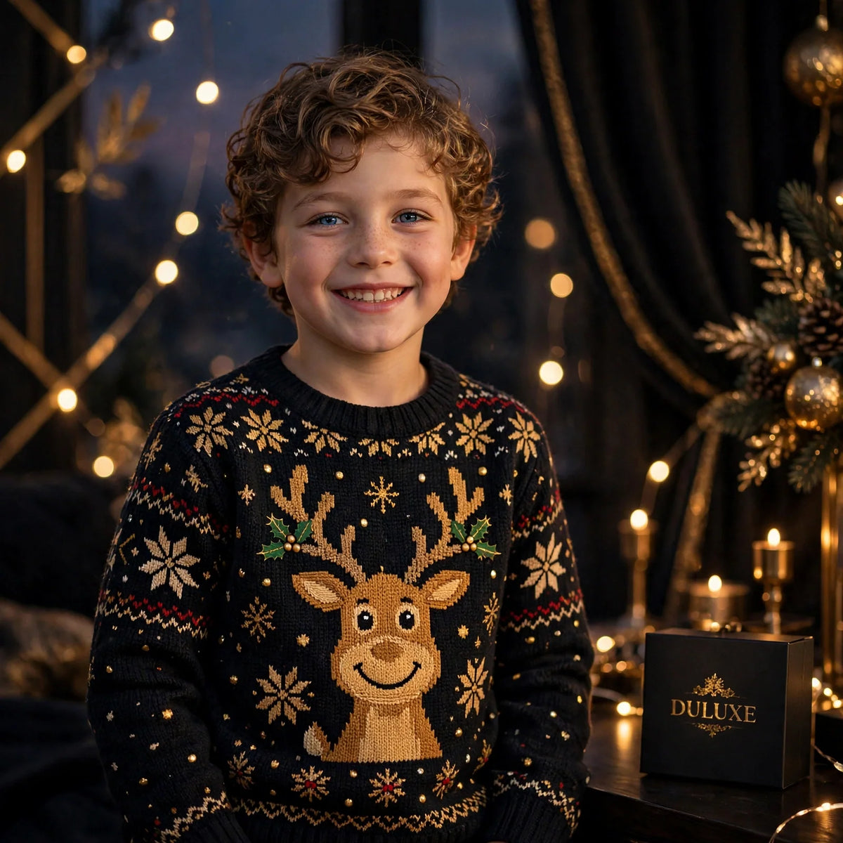 Pull de Noël enfant avec lumières LED allumées dans la pénombre, motif renne joyeux à la lueur douce et festive