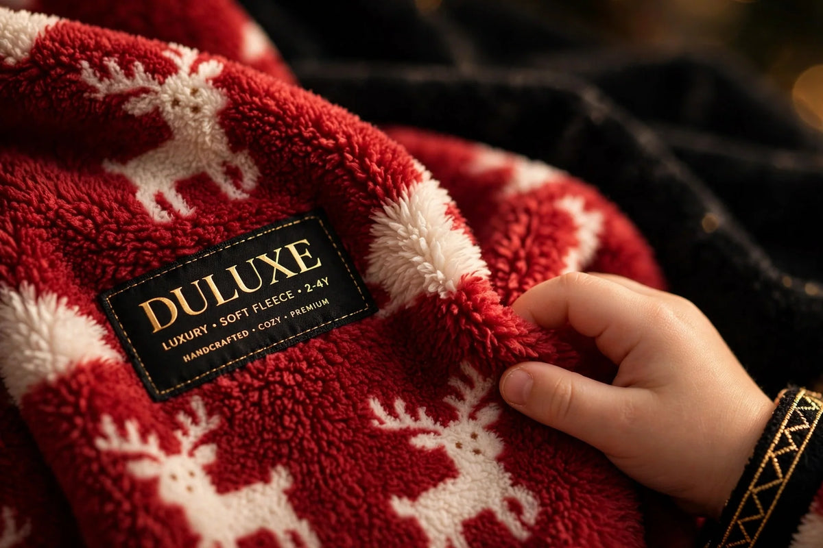 Gros plan sur la polaire ultra-douce du pyjama de Noël enfant, toucher moelleux et motif renne en détail