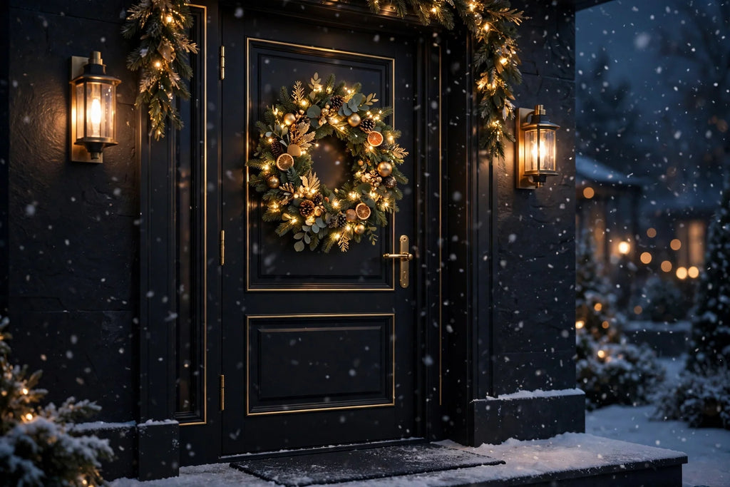 Porte d'entrée décorée de la couronne de Noël allumée sous une neige douce, soirée des Fêtes