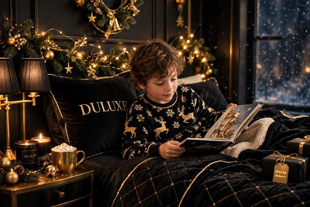Enfant en pyjama polaire de Noël lisant une histoire le soir de Noël, ambiance douce et chaleureuse au coucher