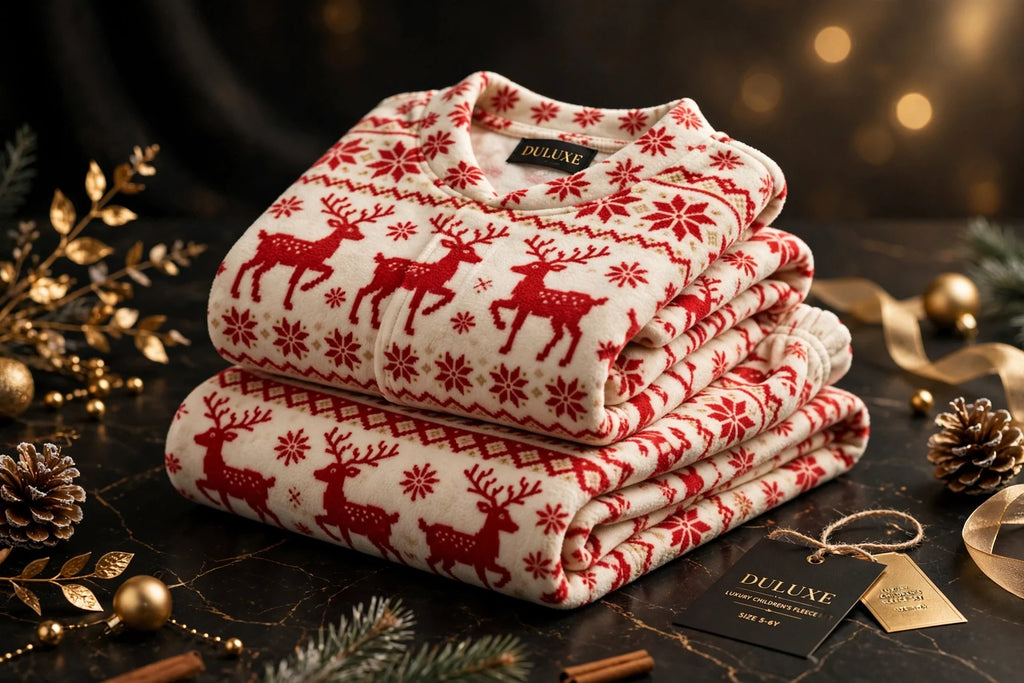 Ensemble pyjama polaire de Noël enfant plié, haut et pantalon assortis aux motifs rennes et flocons