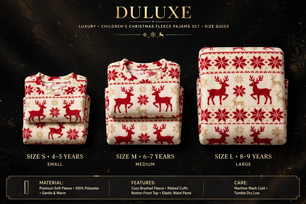 Guide visuel des tailles du pyjama polaire de Noël enfant : 4-6 ans, 8-10 ans et 12-14 ans présentés côte à côte