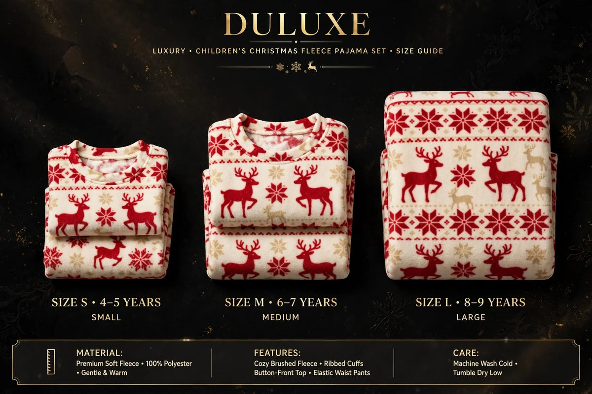 Guide visuel des tailles du pyjama polaire de Noël enfant : 4-6 ans, 8-10 ans et 12-14 ans présentés côte à côte