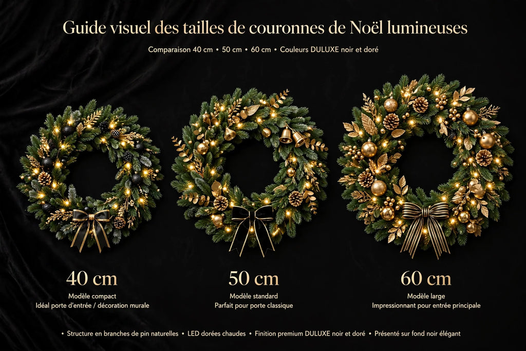 Guide des tailles de la couronne de Noël lumineuse : 40 cm, 50 cm et 60 cm côte à côte