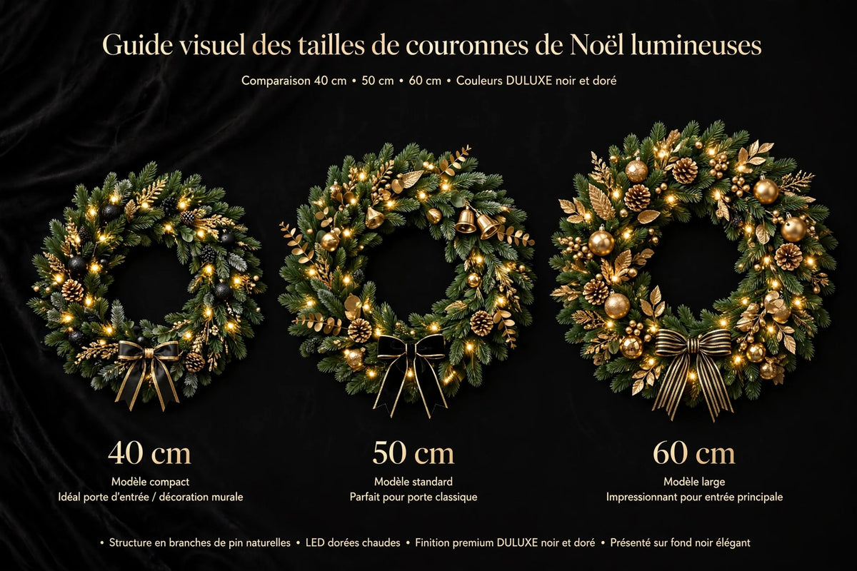 Guide des tailles de la couronne de Noël lumineuse : 40 cm, 50 cm et 60 cm côte à côte
