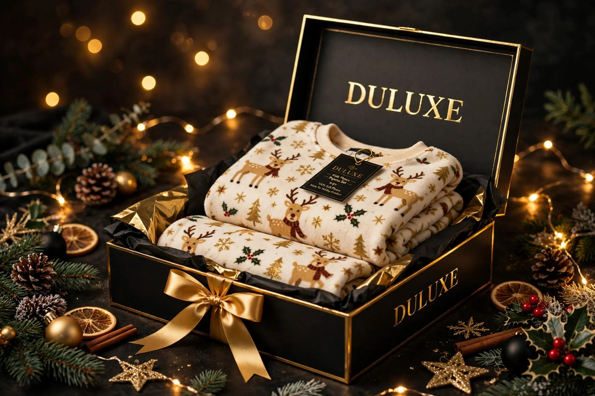 Pyjama polaire de Noël pour enfant présenté dans un coffret cadeau noir et doré DULUXE avec ruban doré