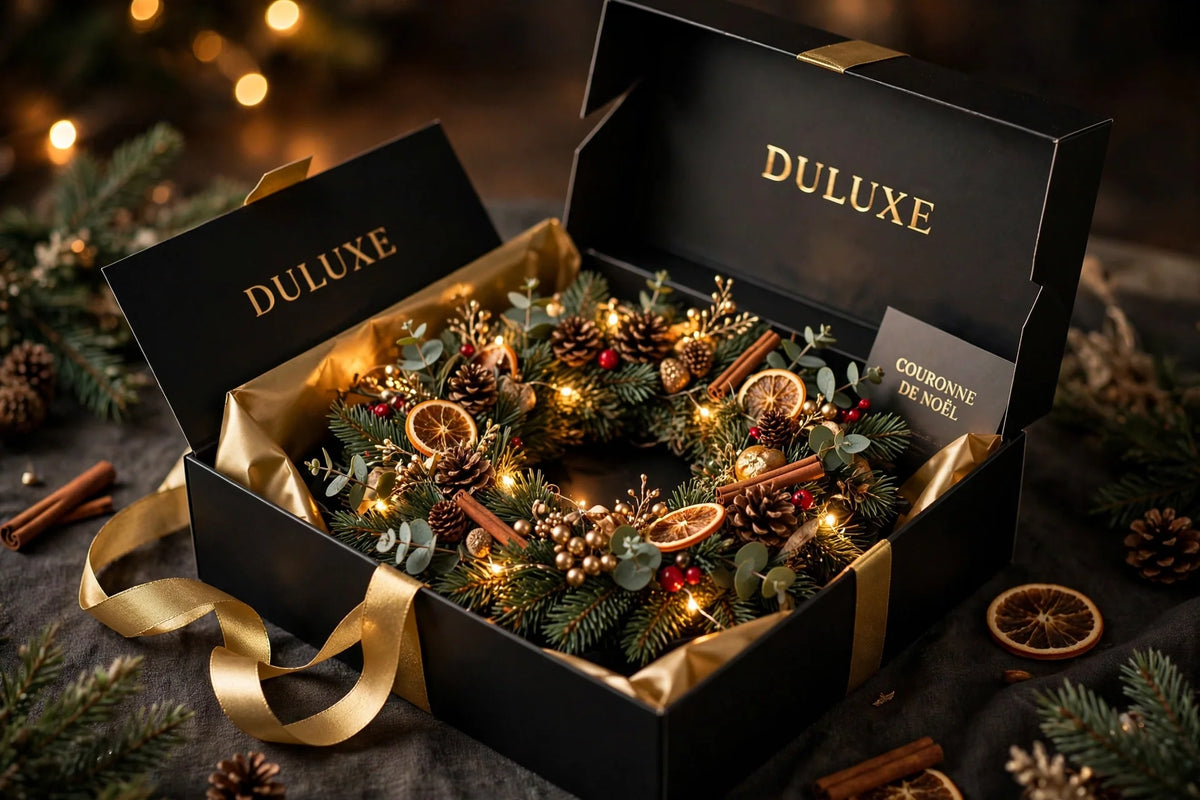 Couronne de Noël lumineuse présentée dans un coffret cadeau noir et doré DULUXE avec ruban doré