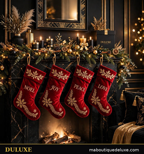 Bas de Noël à accrocher DULUXE en velours rouge et or accrochés à une cheminée décorée, visuel principal