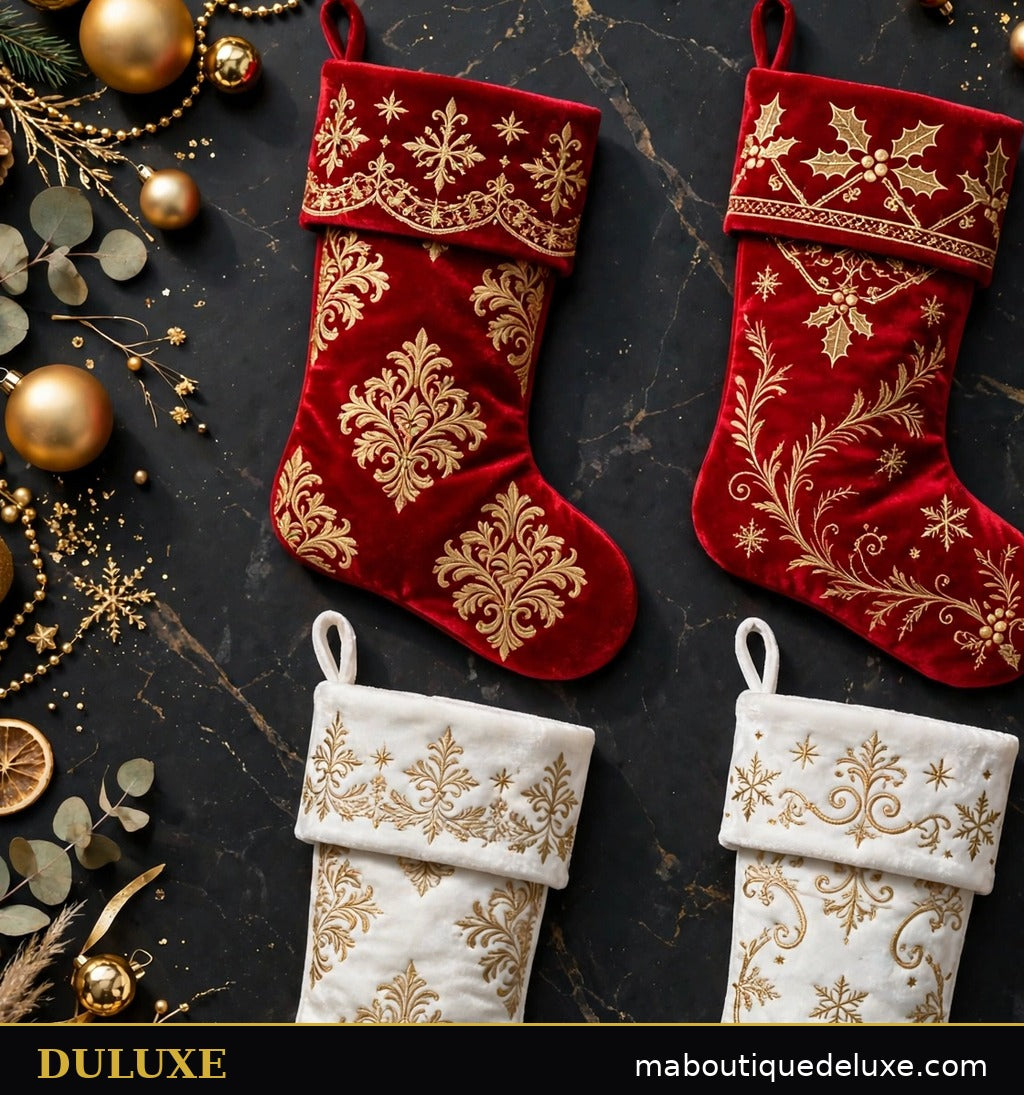 Bas de Noël DULUXE style scandinave blanc et doré en velours doux, motifs des fêtes élégants