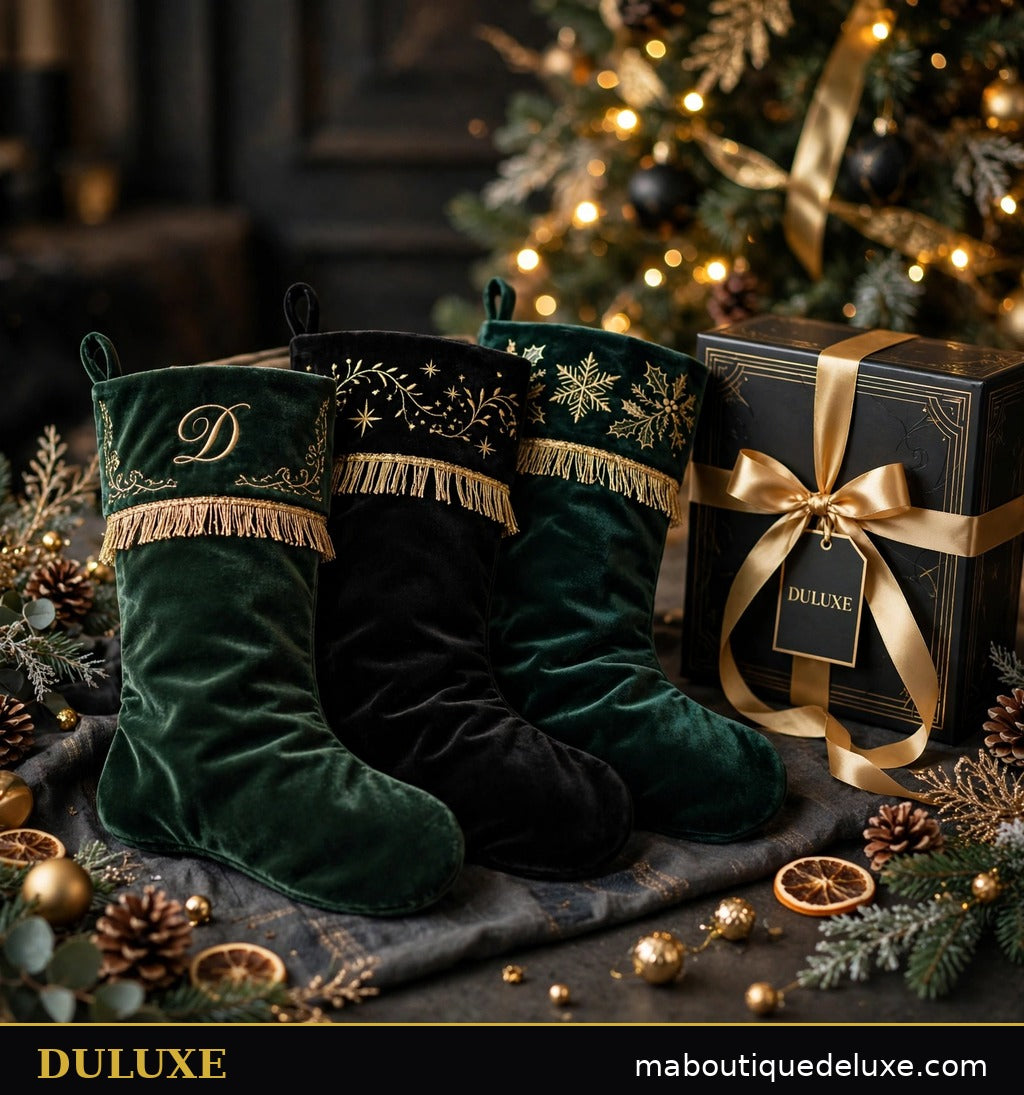 Bas de Noël DULUXE présentés en idée cadeau avec coffret noir et or près du sapin