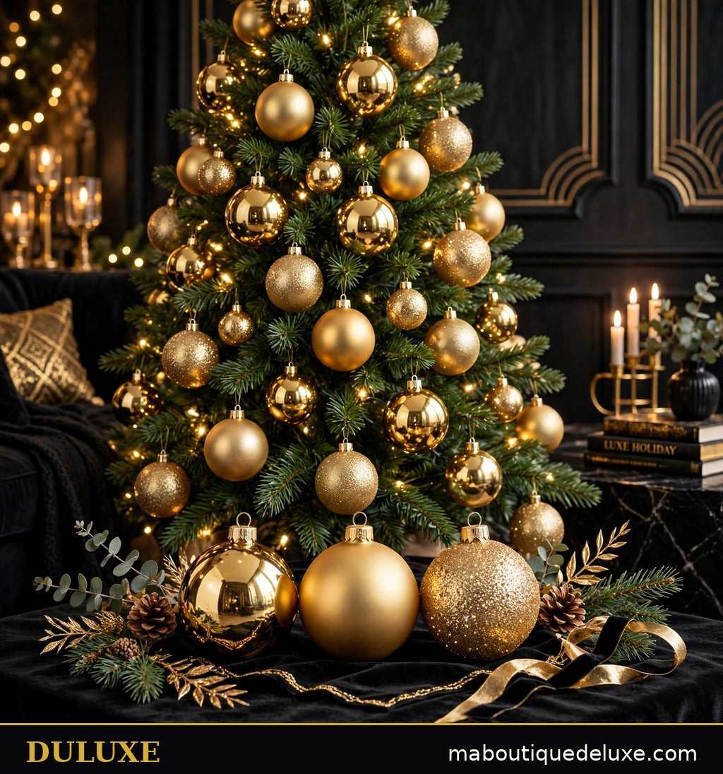 Sapin de Noël décoré de boules dorées brillantes, mates et pailletées DULUXE, visuel principal Or Royal