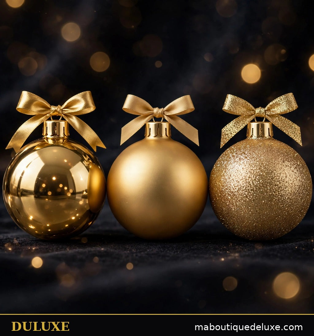 Gros plan sur trois boules de Noël dorées DULUXE aux finitions brillante, mate et pailletée