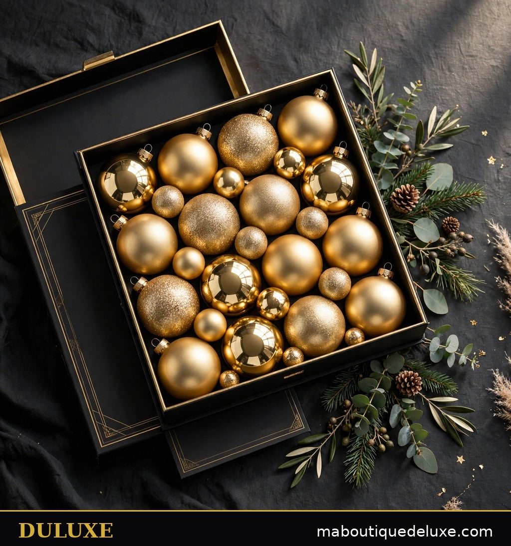 Coffret lot de 24 boules de Noël dorées DULUXE assorties, présentation cadeau élégante noir et or