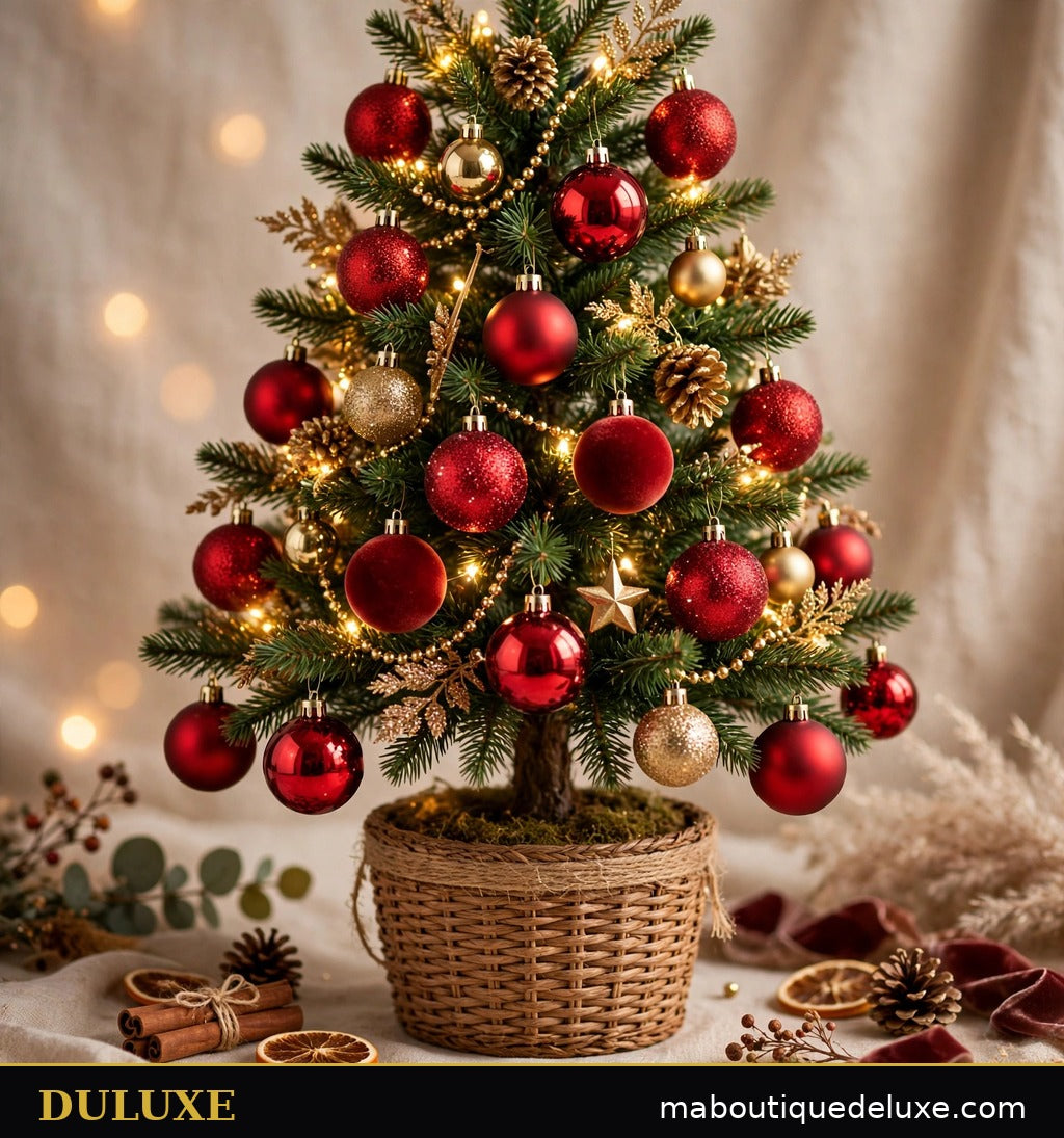 Sapin de Noël décoré de boules rouges festives DULUXE brillantes, mates et pailletées avec accents dorés