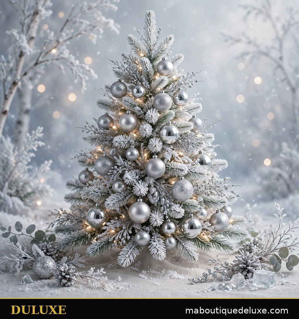 Sapin de Noël blanc et argent givré décoré de boules argentées DULUXE brillantes, mates et pailletées