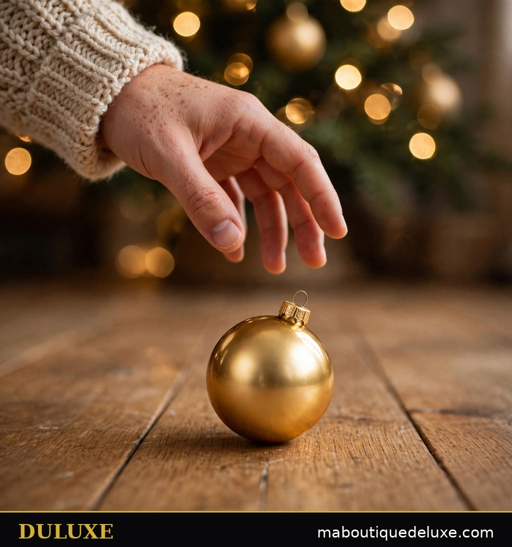 Main tenant une boule de Noël dorée DULUXE tombée au sol sans casse, preuve incassable et sécuritaire