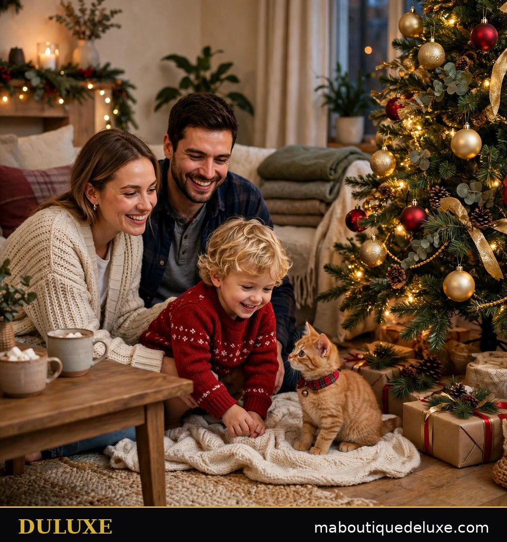 Sapin de Noël familial DULUXE avec enfant et chat en sécurité près des boules incassables dorées et rouges