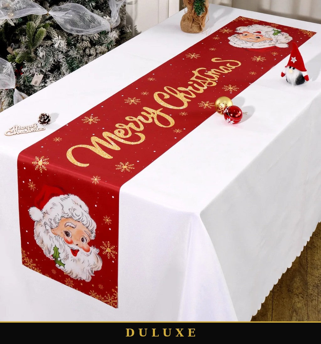 Chemin de table de Noël rouge DULUXE sur nappe blanche, Père Noël souriant et flocons dorés