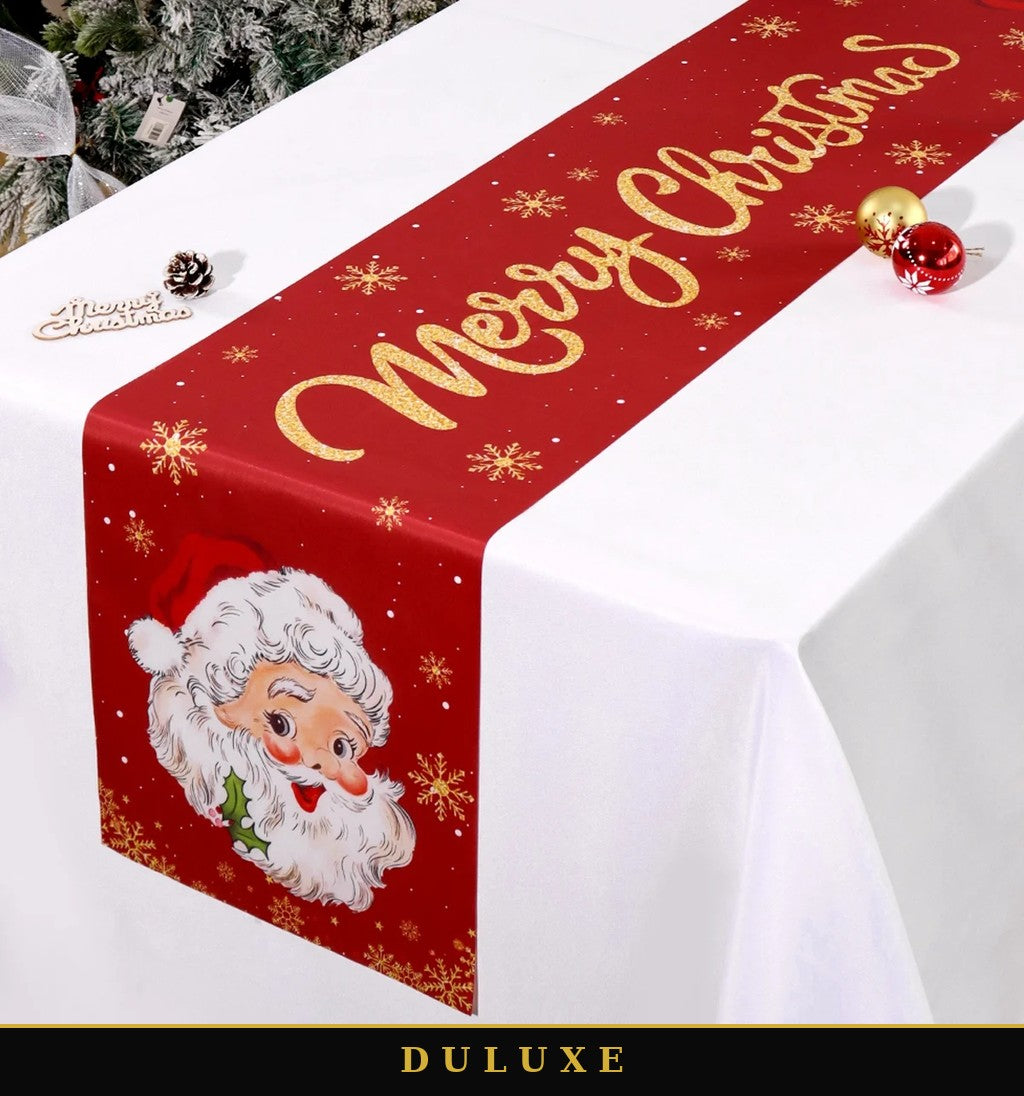 Chemin de table de Noël DULUXE vu de près, inscription dorée et visage du Père Noël