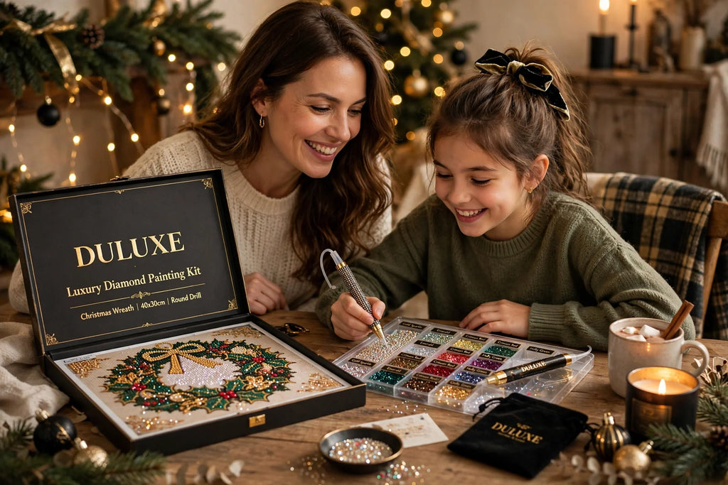 Moment créatif en famille autour du kit de peinture diamant de Noël DULUXE