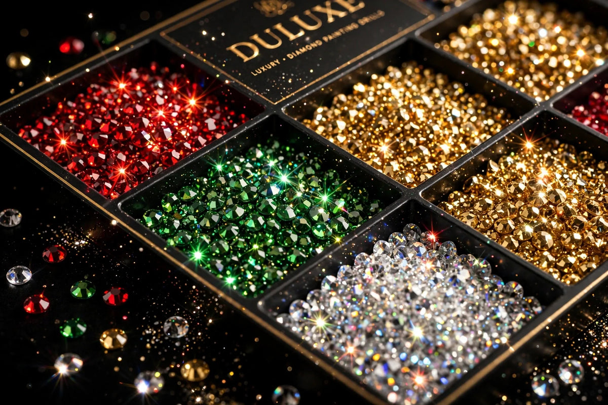 Gros plan sur les strass scintillants du kit de peinture diamant de Noël DULUXE