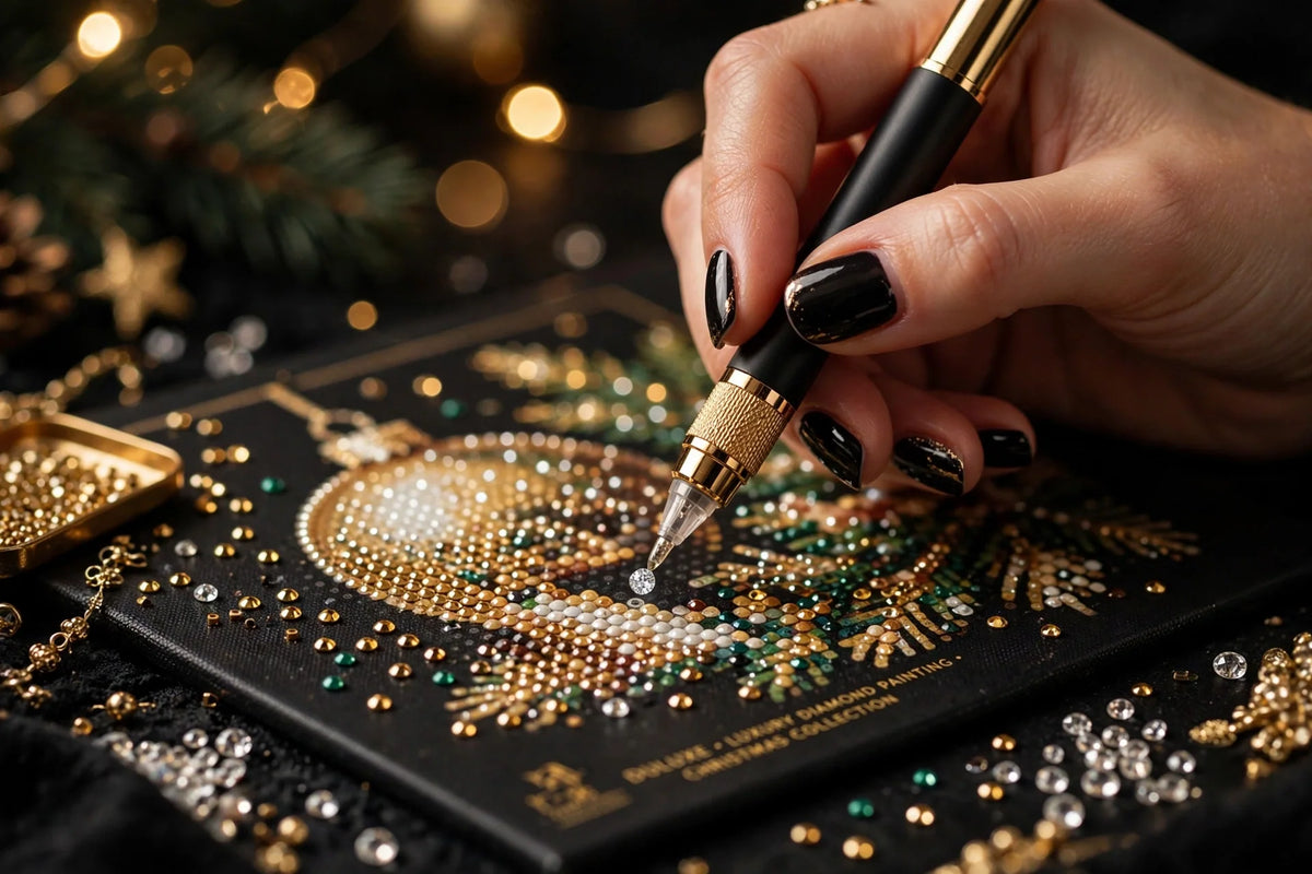 Main posant les strass au stylet applicateur du kit de peinture diamant DULUXE