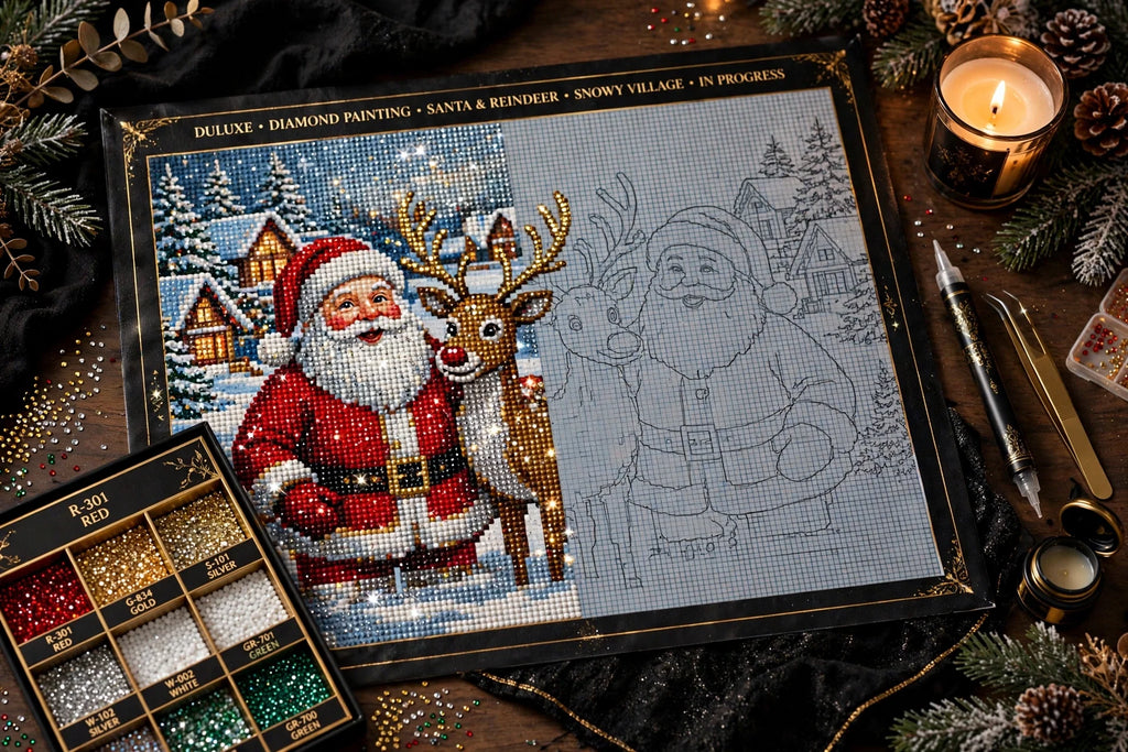 Toile de Noël en cours de réalisation avec le kit de peinture diamant DULUXE
