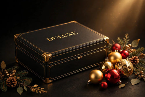 Boîte de rangement pour ornements de Noël DULUXE noire et dorée avec boules de Noël