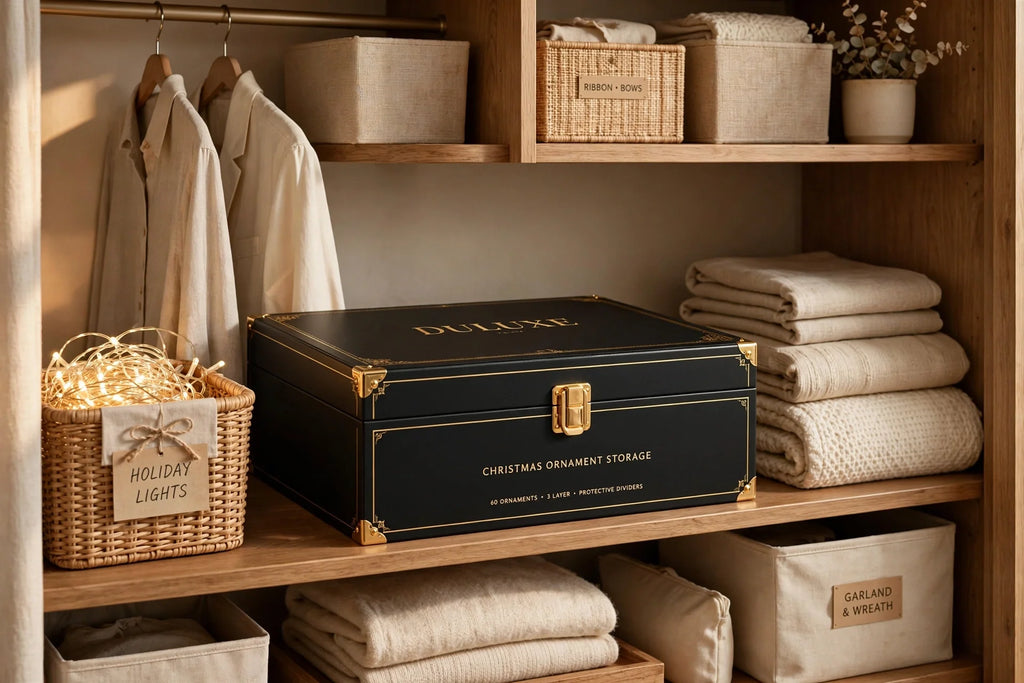 Boîte de rangement pour ornements rangée proprement dans un placard