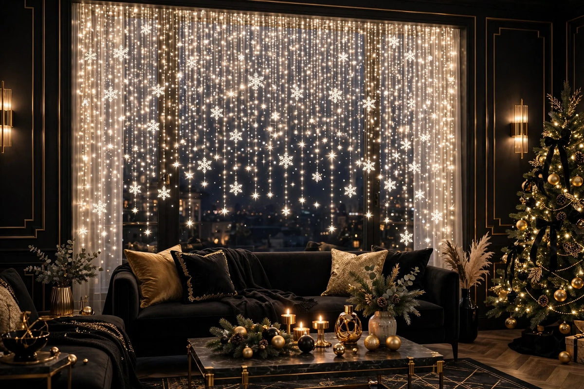 Rideau lumineux de Noël installé sur une fenêtre de salon décorée pour les Fêtes