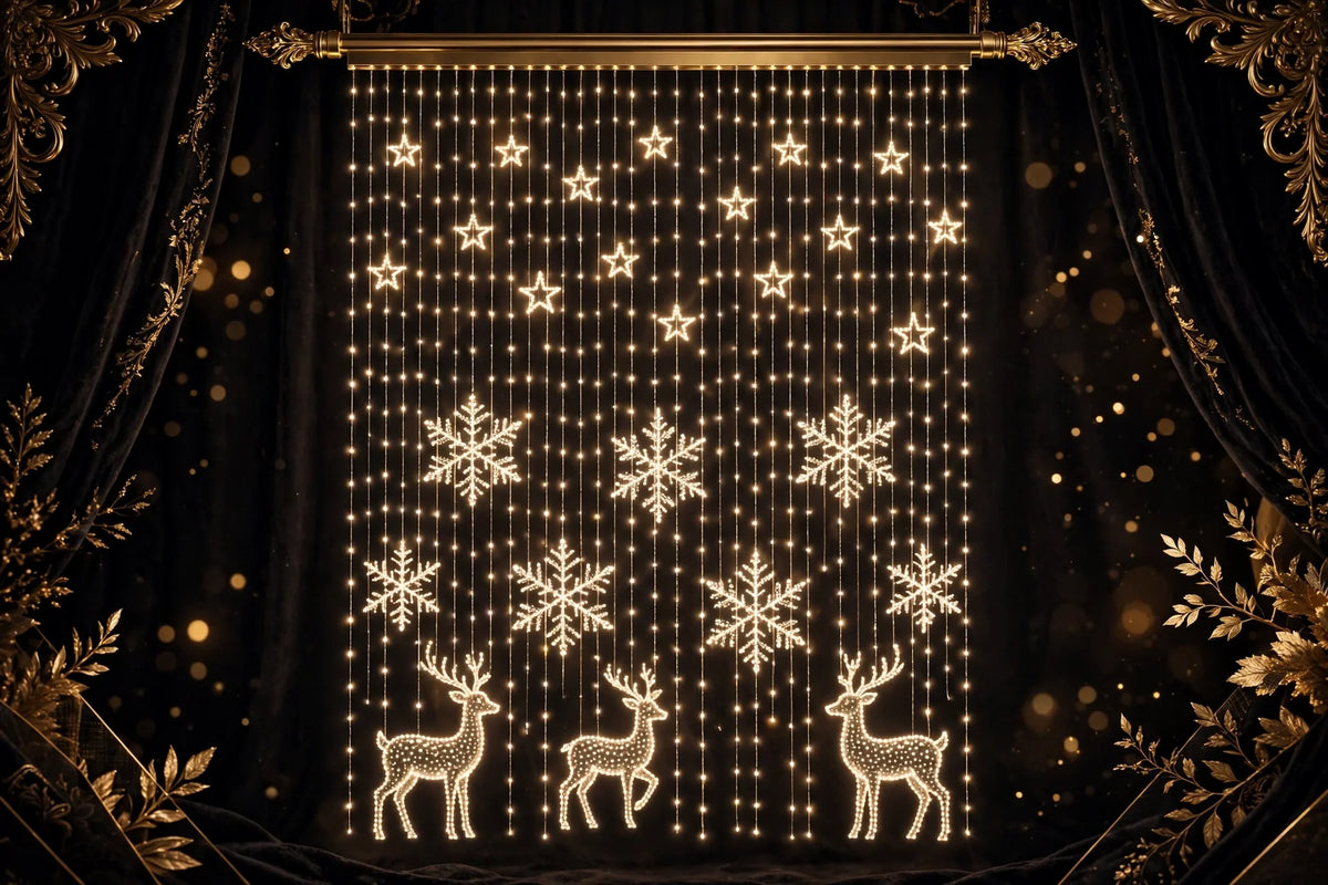 Rideau lumineux de Noël DULUXE à motifs animés, micro-lumières blanc chaud sur fond noir et doré