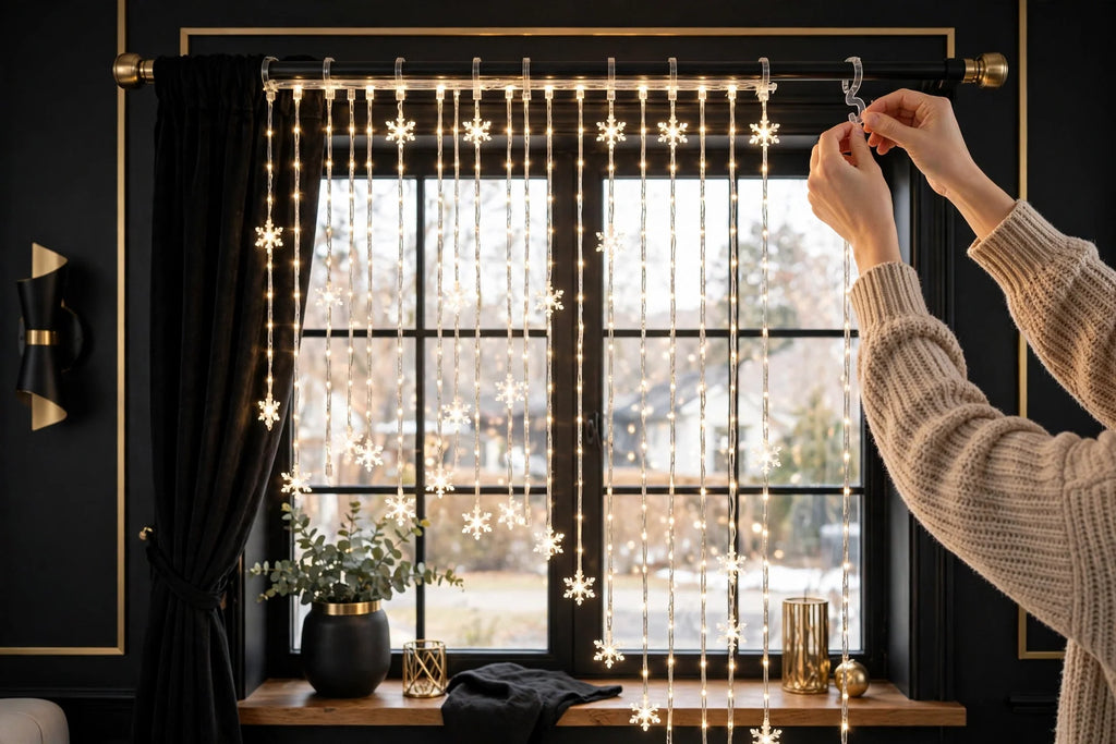 Installation facile du rideau lumineux au-dessus d'une fenêtre, sans outil