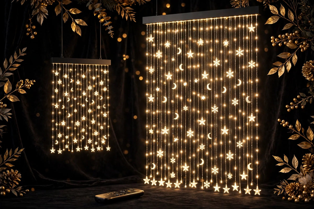Les deux formats du rideau lumineux de Noël DULUXE, fenêtre standard et grande fenêtre