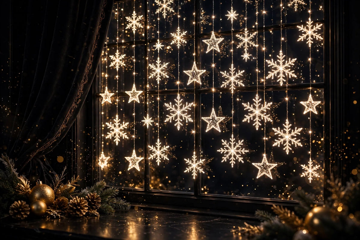 Ambiance féerique de nuit créée par le rideau lumineux de Noël dans une chambre
