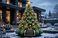 Sapin de Noël gonflable géant lumineux DULUXE illuminé de doré dans un jardin enneigé au crépuscule