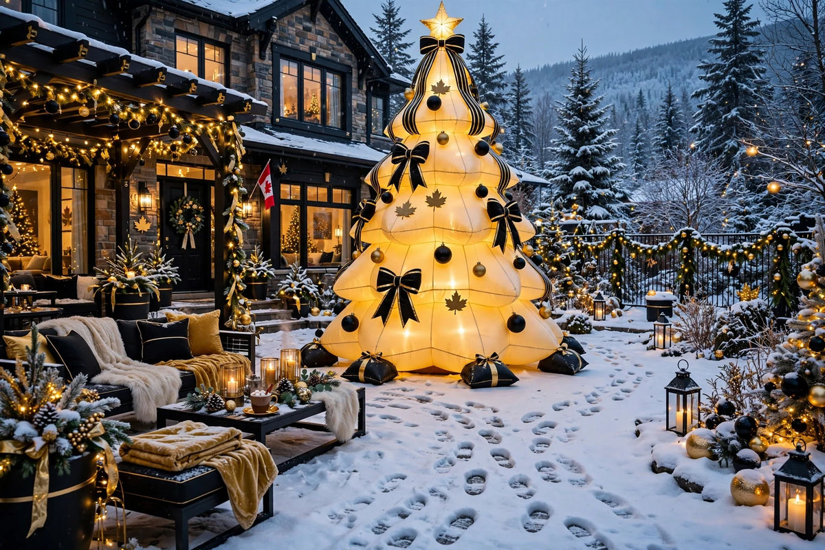 Jardin enneigé décoré avec le sapin de Noël gonflable géant lumineux DULUXE