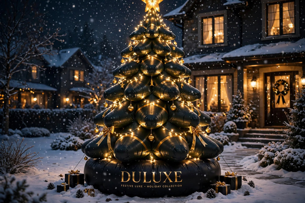 Sapin de Noël gonflable géant brillant la nuit avec ses lumières dorées féeriques