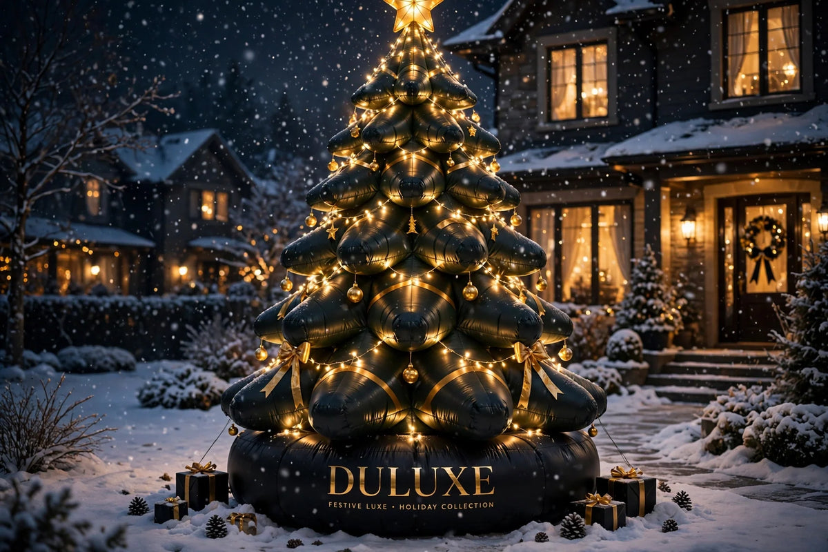 Sapin de Noël gonflable géant brillant la nuit avec ses lumières dorées féeriques