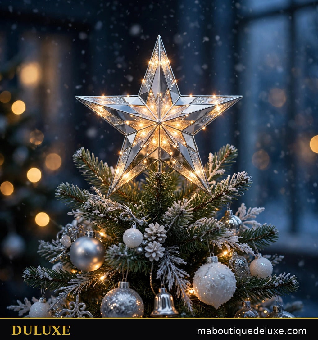 Étoile de sapin lumineuse argentée DULUXE au sommet d'un sapin décoré d'ornements argentés et blancs