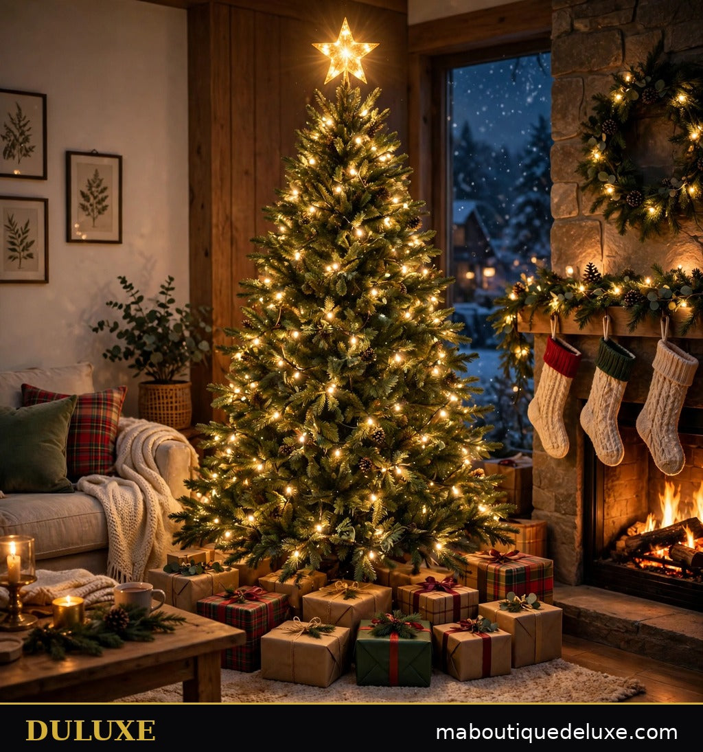 Sapin de Noël entier le soir couronné de l'étoile lumineuse dorée DULUXE dans un salon festif