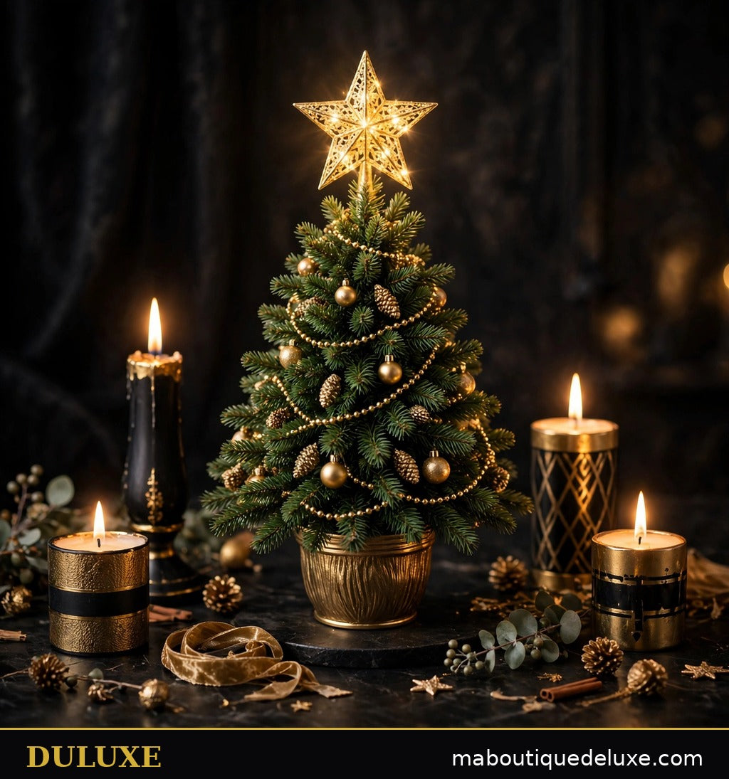 Étoile de sapin dorée DULUXE dans une ambiance bougies noire et or élégante