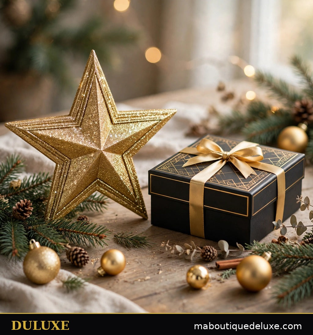 Étoile de sapin DULUXE présentée en coffret cadeau noir et or, idée cadeau de Noël