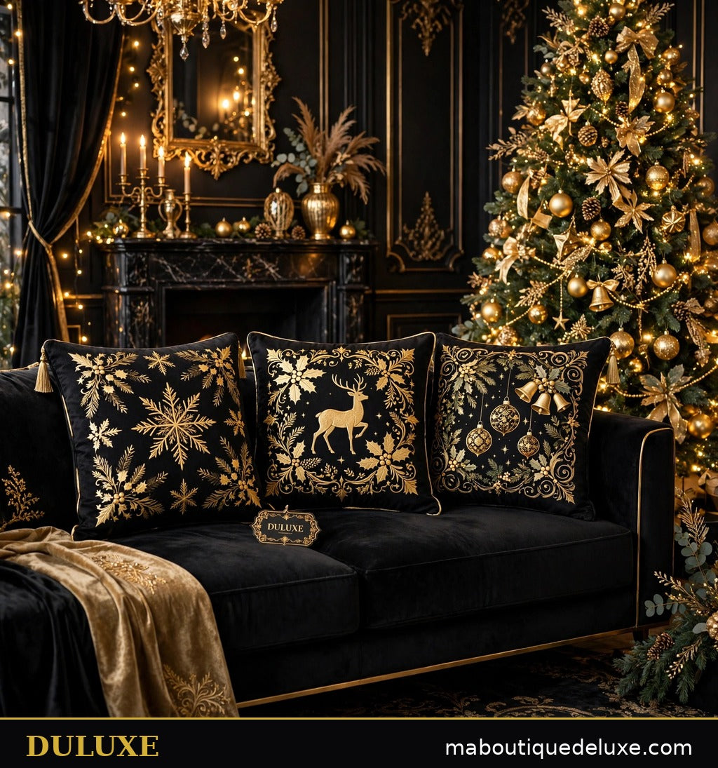 Salon de Noël féerique avec housses de coussin dorées DULUXE sur canapé près du sapin décoré