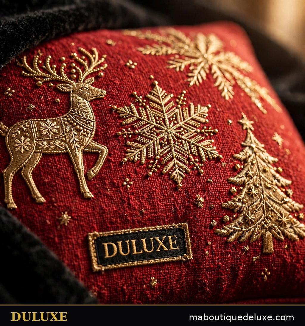Gros plan sur les motifs des fêtes dorés brodés des housses de coussin de Noël DULUXE