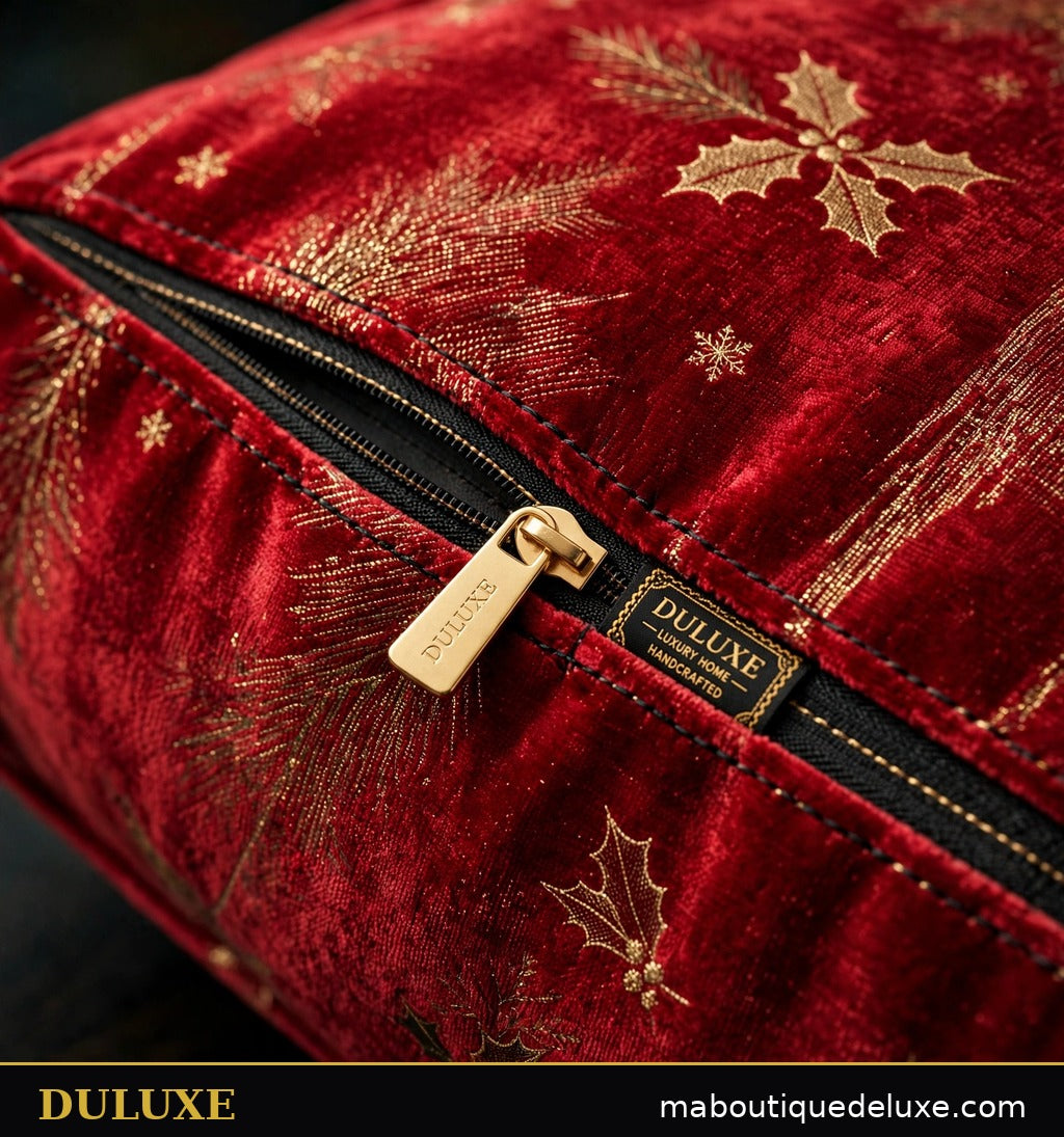Détail de la fermeture éclair invisible des housses de coussin de Noël DULUXE, finition soignée