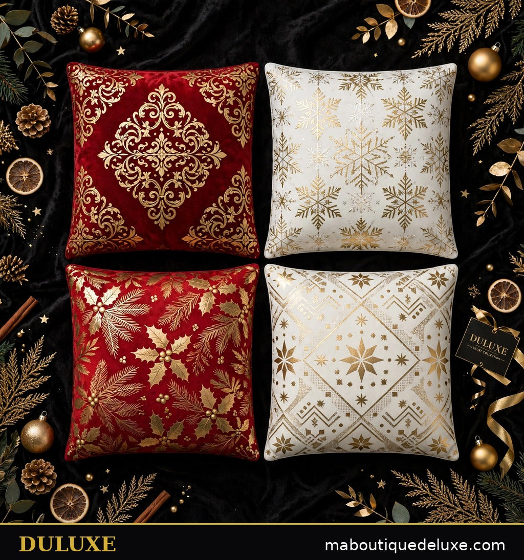Lot de 4 housses de coussin de Noël DULUXE à plat, motifs rouge or et blanc doré bien visibles