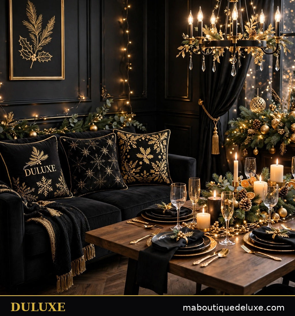 Housses de coussin de Noël DULUXE dans un salon avec table des fêtes élégante et bougies dorées