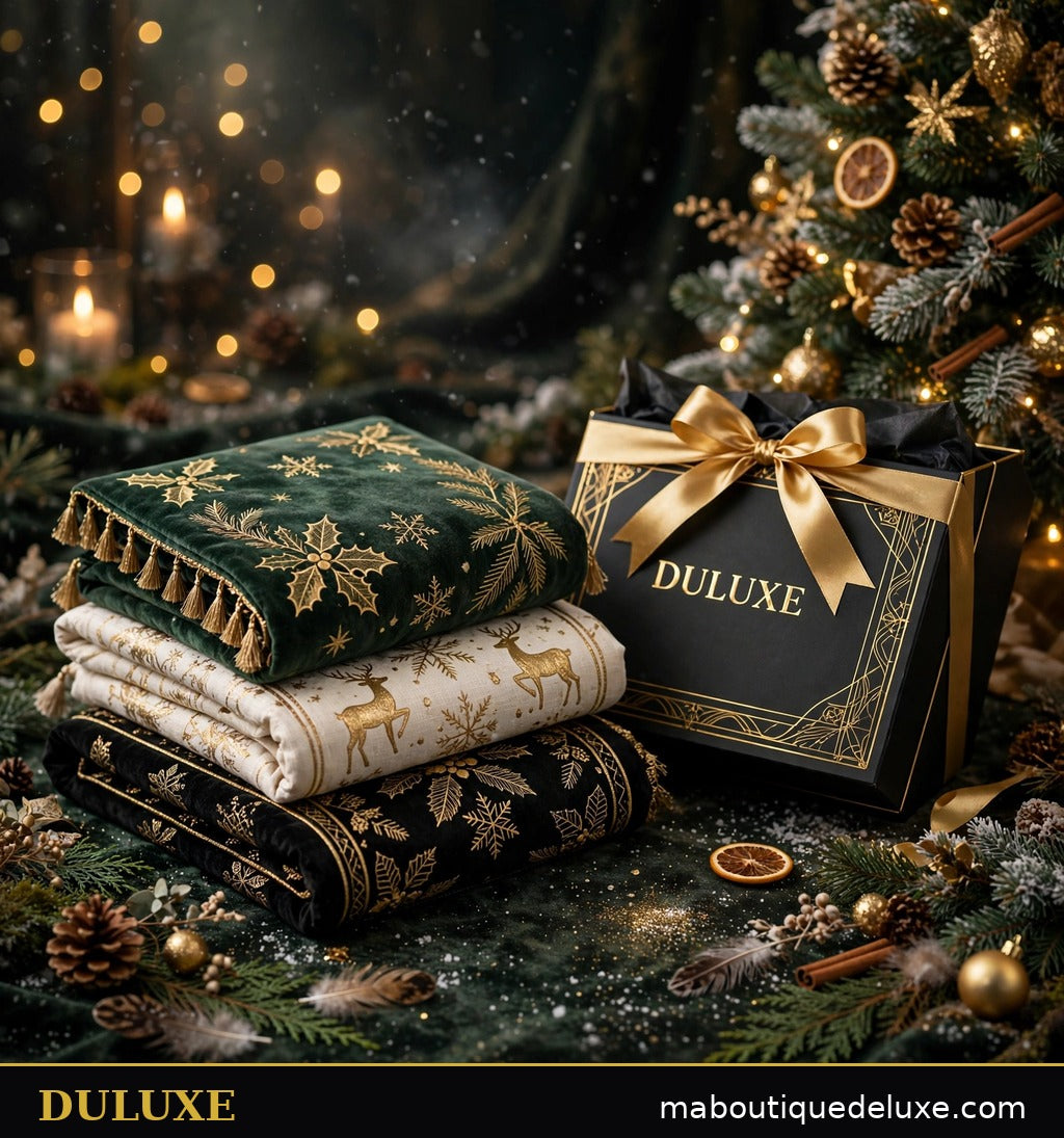 Housses de coussin de Noël DULUXE présentées en idée cadeau avec coffret noir et or près du sapin